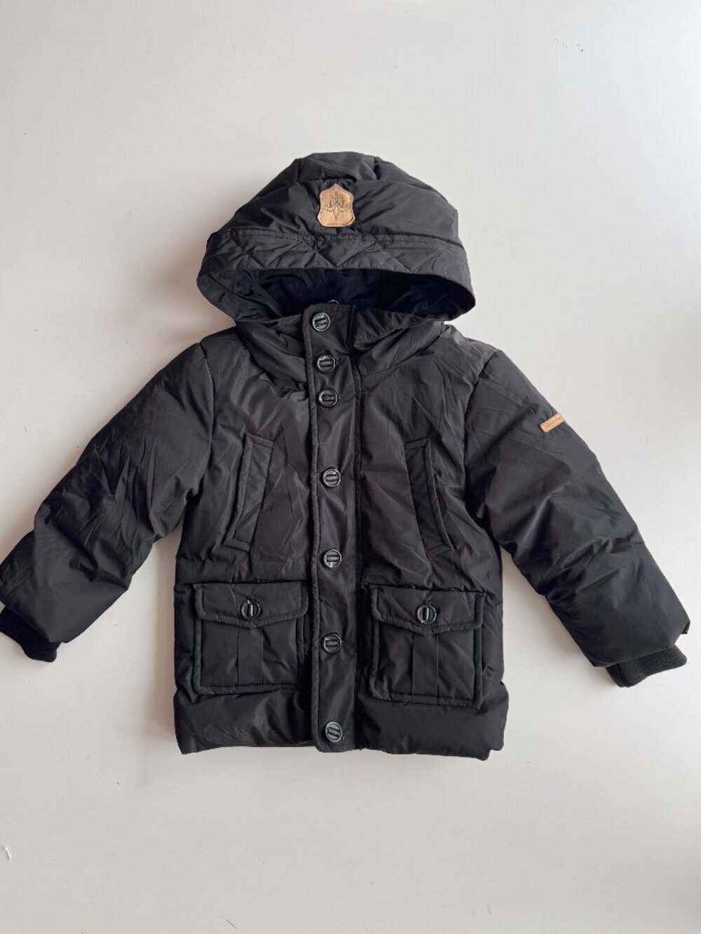 Baby MACKAGE Black Nylon Goose Down Fill Leather Trim Hooded Parka, Size 2